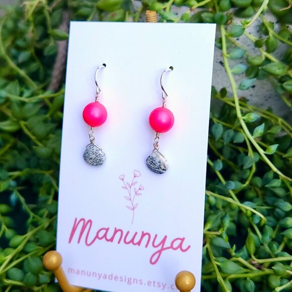 Swarovski Pearl and Zebra Jasper Dangle Earrings - Picture 3 of 8